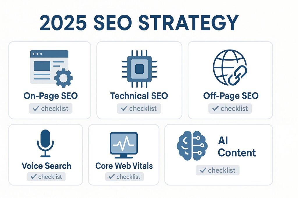 Infographic of a 2025 Search Engine Optimization strategy checklist with icons representing voice search, EEAT, Core Web Vitals, and more.