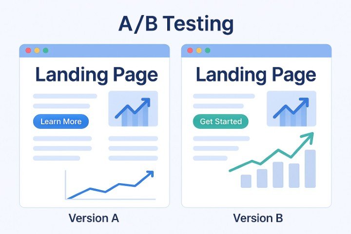 Split screen showing two landing page versions A and B with a performance graph favoring version B
