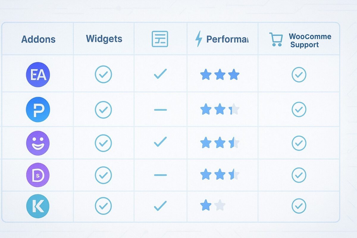 Table comparing features of top WordPress builder addons across different platforms.