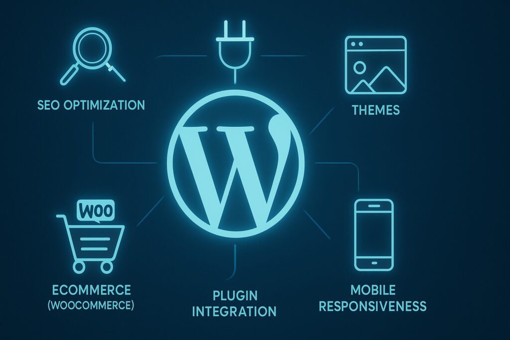 Infographic showing benefits like SEO, plugins, themes, mobile optimization around a central WordPress logo.