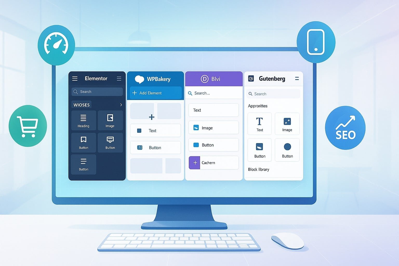 best WordPress site builder dashboard comparing top site builders like Elementor, WPBakery, Divi, and Gutenberg in a futuristic 2025 workspace.