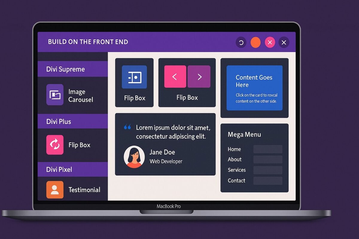 Divi page builder showcasing addon modules like carousels, mega menus, and flip boxes.