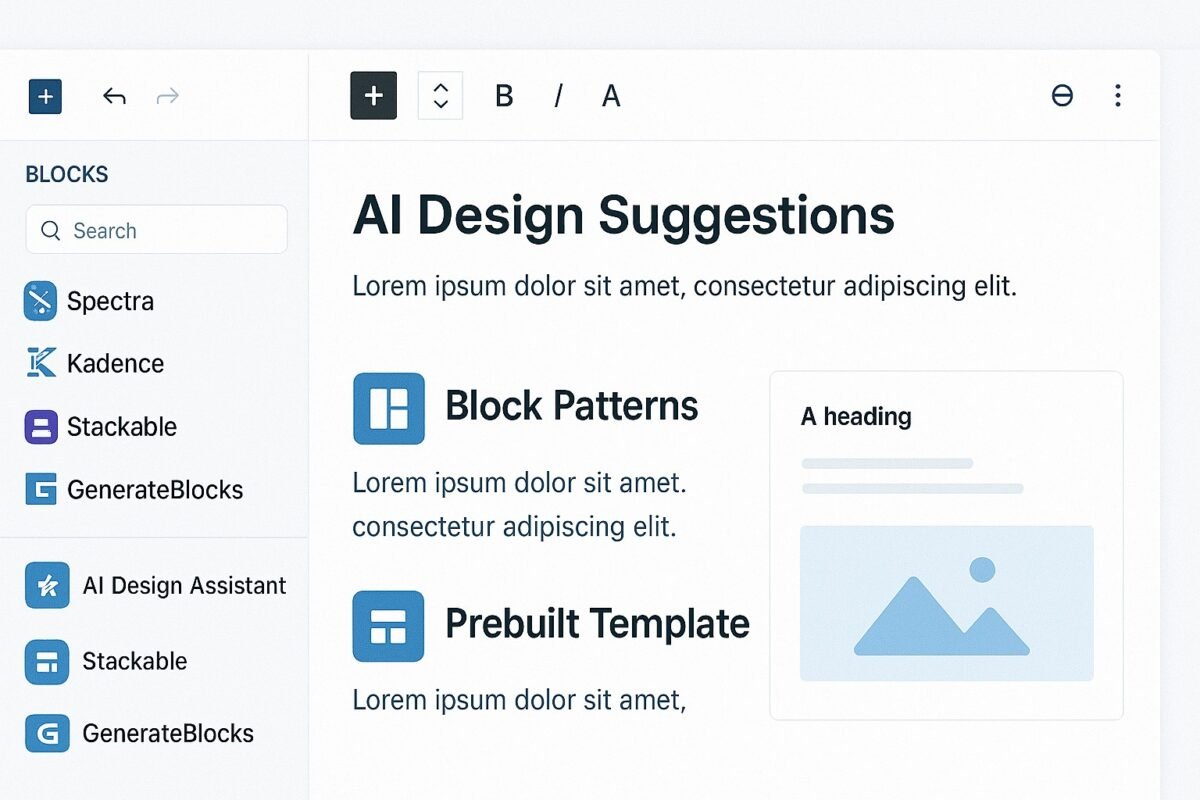 Gutenberg editor showing block libraries like Spectra, Kadence, and GenerateBlocks.