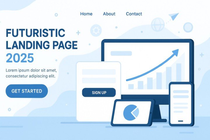 Modern landing page design interface with large call-to-action buttons and conversion graph for 2025 digital marketing