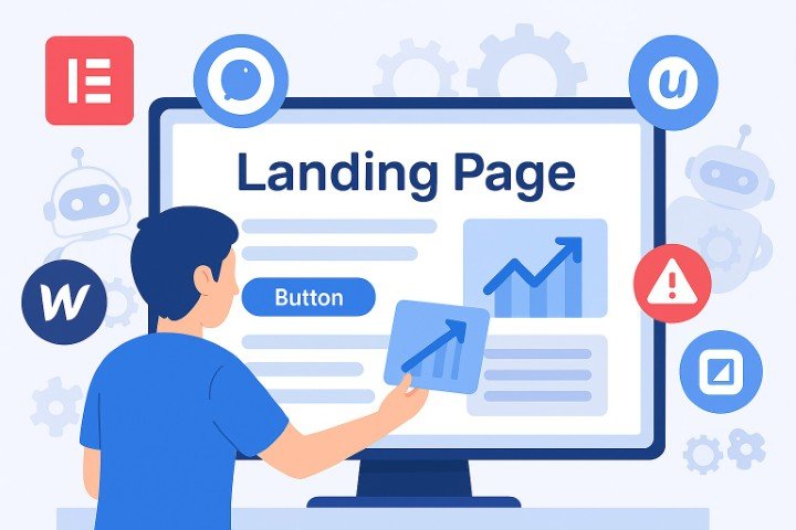 Person using drag-and-drop landing page builder with icons of Elementor, Unbounce, and automation gears