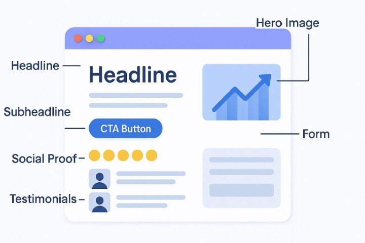 Annotated landing page graphic highlighting headline, CTA, social proof, testimonials, and form sections