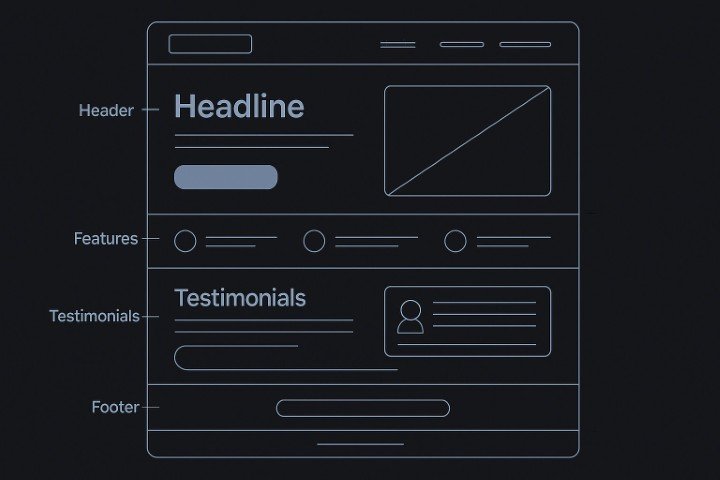 Wireframe layout of a perfect landing page structure with highlighted header, body, and footer sections