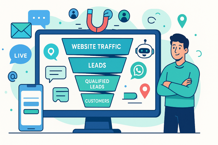 Digital illustration of a small business owner standing beside a lead generation funnel, showing traffic converting into leads and customers via SEO, ads, chat, and WhatsApp.