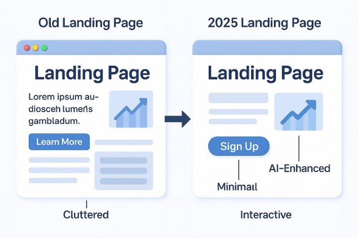 Split view comparison of old cluttered landing page versus clean, minimal futuristic 2025 landing page