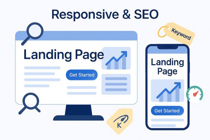 Side-by-side desktop and mobile views of a landing page with SEO icons and mobile speed indicators