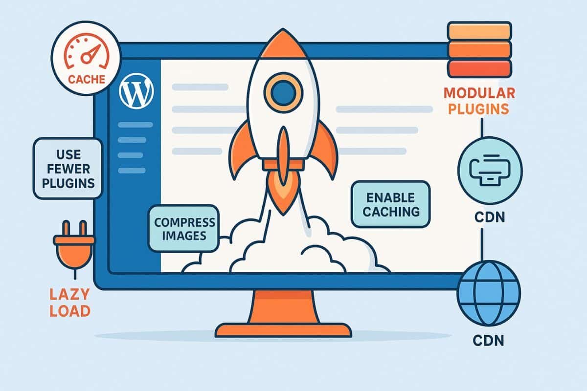 Illustration showing WordPress performance tips like caching, lazy load, and minimal plugins.
