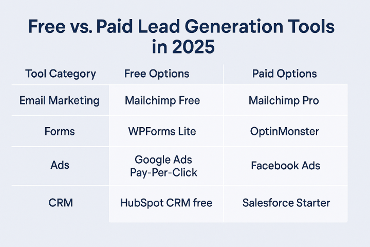 Comparison table of free vs. paid lead generation tools in 2025, including Mailchimp, HubSpot, WPForms, OptinMonster, and WhatsApp Business API.