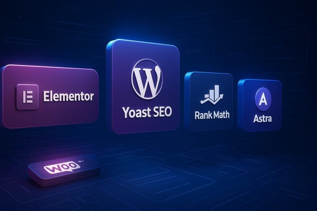 Cards displaying plugins like Elementor, WooCommerce, and Rank Math with glowing effects.