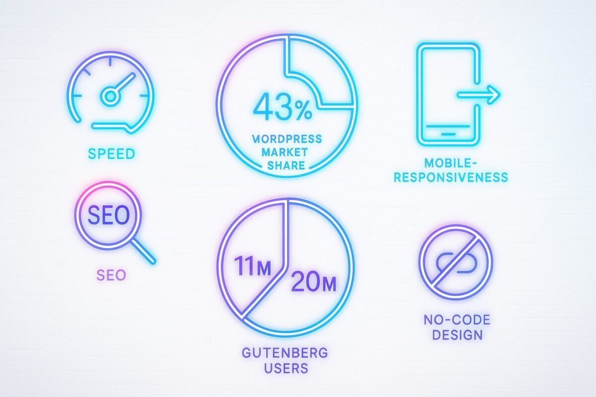Infographic showing key benefits of using WordPress page builders in 2025, like speed and mobile-friendly design.