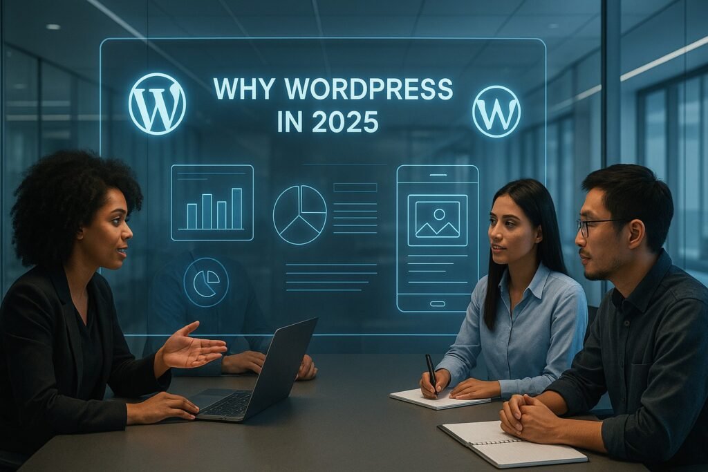 Team of developers collaborating around digital WordPress interfaces.