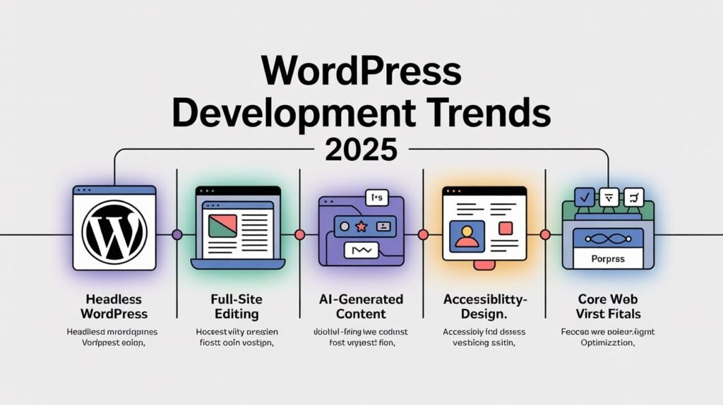 Timeline graphic showing future trends like AI content, Full-Site Editing, and performance optimization in WordPress.