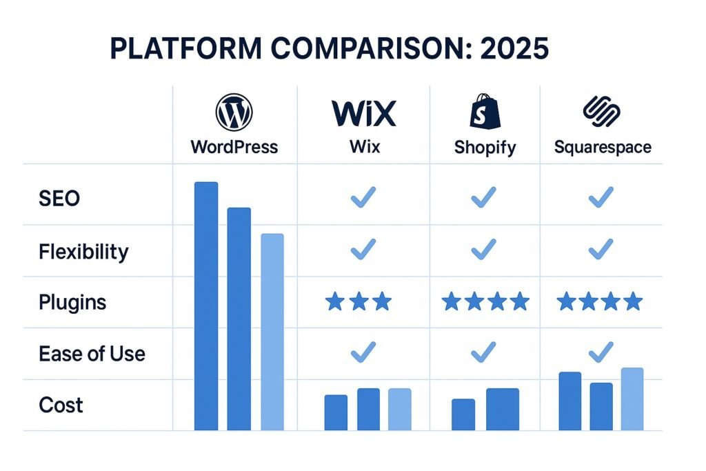 Visual comparison of WordPress vs Wix, Shopify, and Squarespace on features like cost, flexibility, SEO.