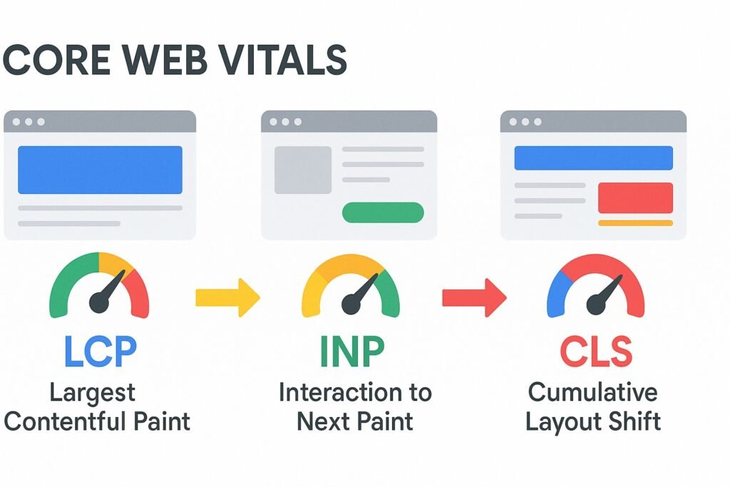 Core Web Vitals infographic showing LCP, INP, and CLS with performance indicators and labels.