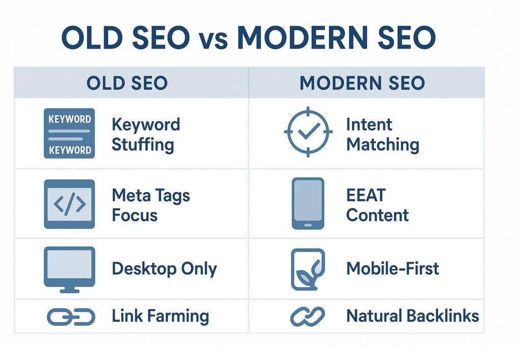 Visual table comparing outdated SEO tactics with modern SEO best practices for 2025.