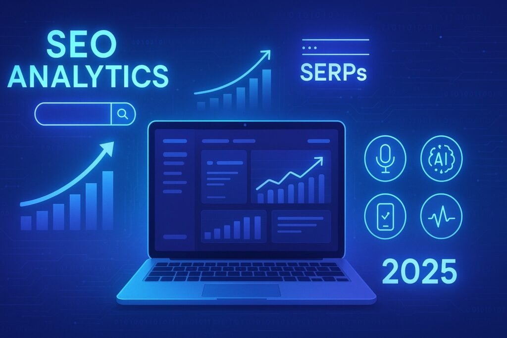 Search Engine Optimization dashboard with graphs and search optimization icons representing trends in 2025.