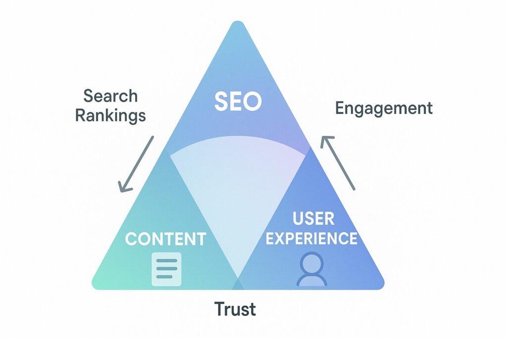 Venn diagram showing the relationship between SEO, user experience, and content quality.
