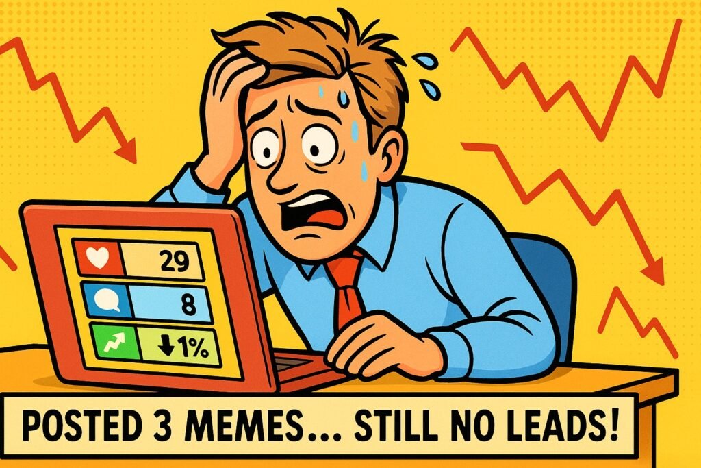 A funny AI-generated meme showing a stressed office worker looking at social media metrics, with a punchline caption saying "Posted 3 memes... still no leads!" — bright color palette, comic style.