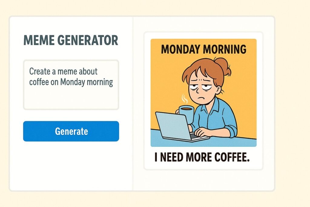 Interface of an AI-powered meme generator showing prompt and output