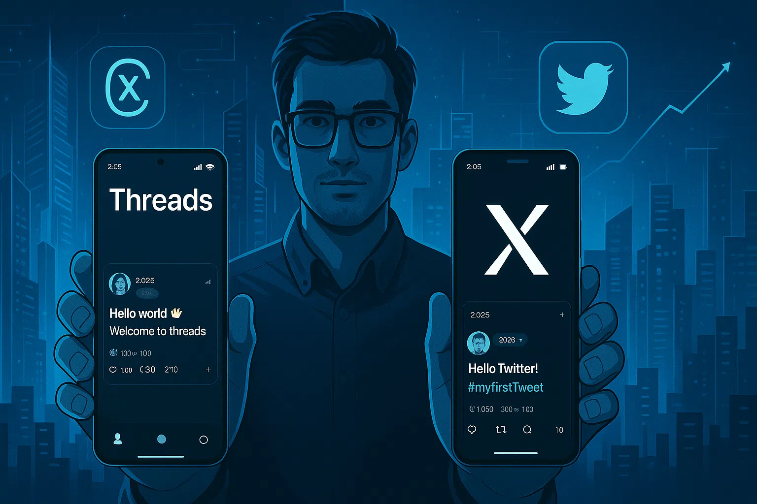 Small business owner using Threads vs Twitter apps side-by-side on smartphones in 2025.