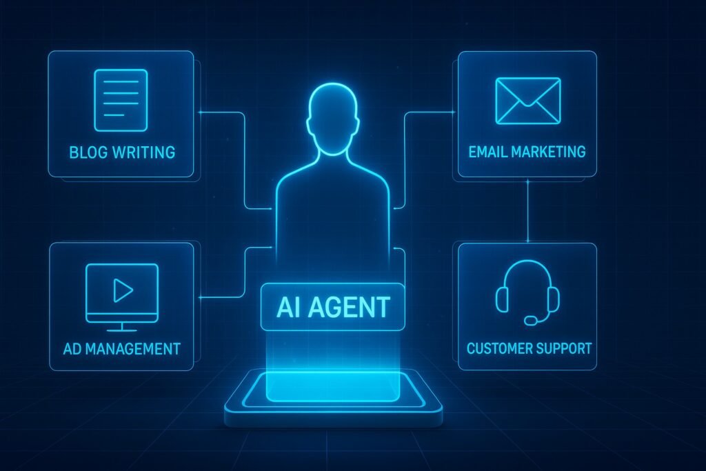 Visual diagram showing how Agentic AI handles marketing workflows like email, social media, and ads
