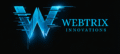 Webtrix Innovations A futuristic blue W logo with digital glitch effects next to the text WEBTRIX INNOVATIONS on a black background.