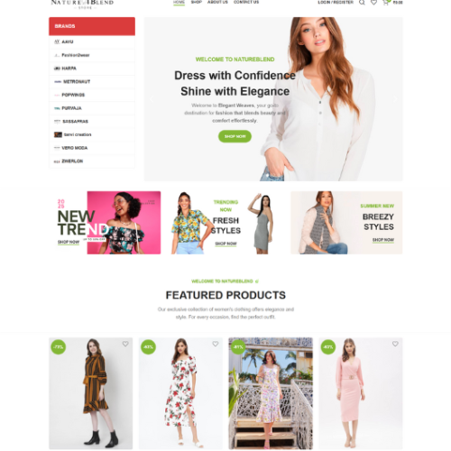 Webtrix Innovations Screenshot of an online fashion store homepage featuring women’s clothing. The page shows a main banner with a woman in a white dress, new trends section, and a grid of featured dresses with prices and discounts.