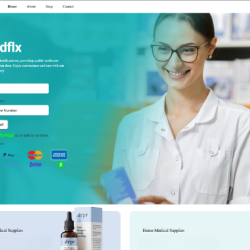 Webtrix Innovations A smiling female pharmacist in a white coat stands behind a counter, holding a prescription bottle. The website overlay features Medfix branding, a contact form, accepted payment icons, and navigation options at the top.