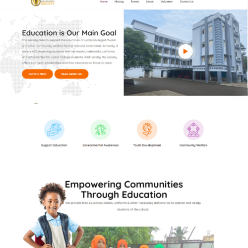 Webtrix Innovations Screenshot of the baseen Society website homepage, featuring a school building, children in uniforms, orange and white thematic sections, mission statements, and icons for education, environment, youth, and welfare.